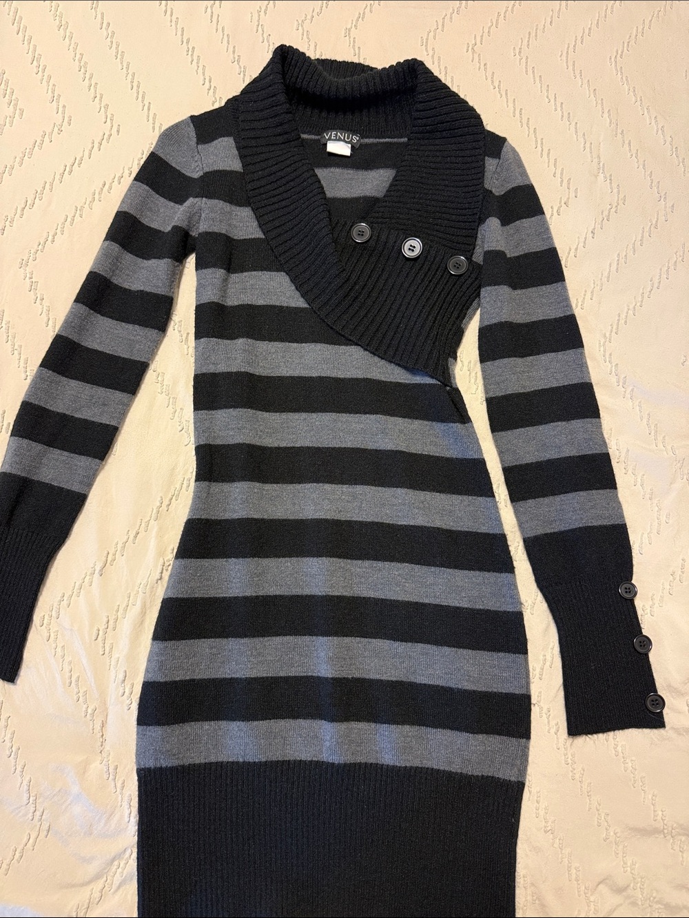 VENUS Black & Gray Striped Shawl Collar Sweater Dress